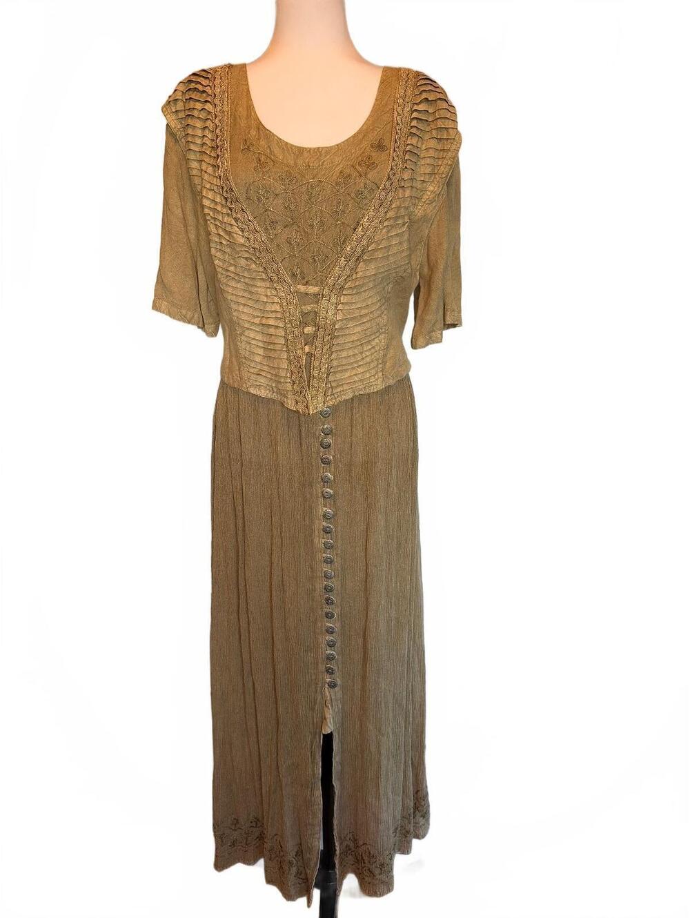 Vintage Women XL Olive Khaki Rayon Maxi Dress NWT Earthy Boho Grunge Whimsigoth